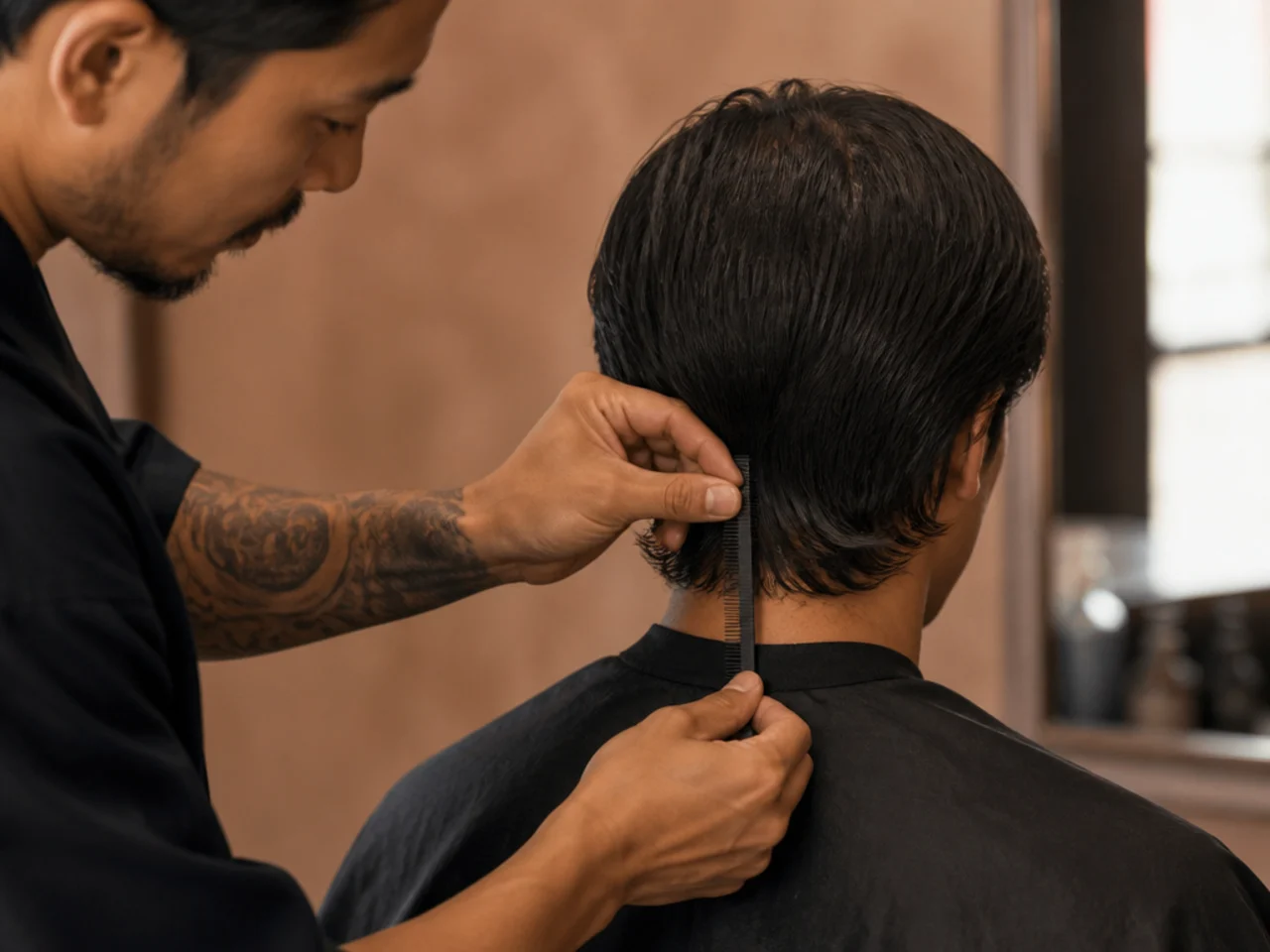 A barber measuring tail length against the collar