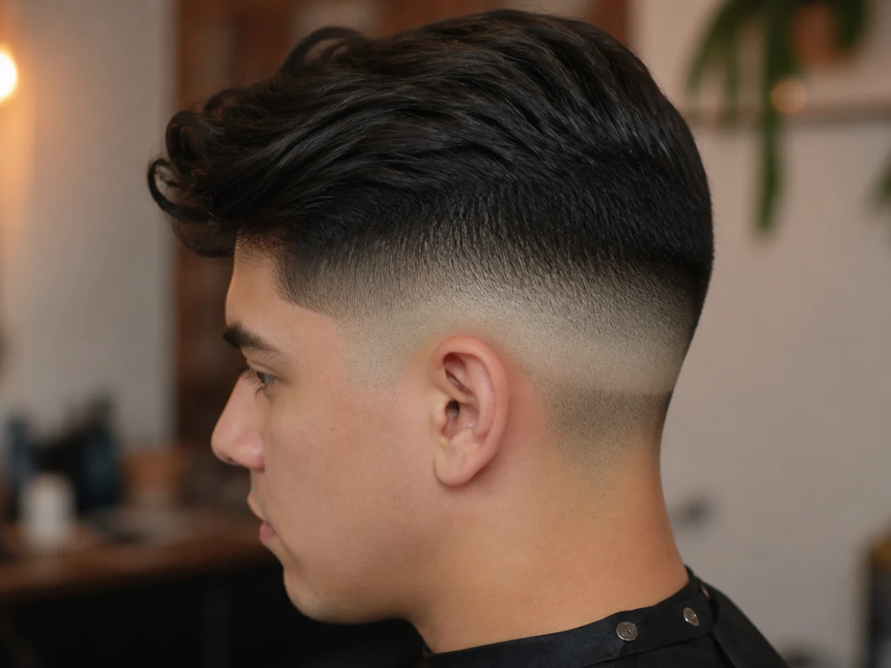 A poorly blended fade showing banding on straight hair