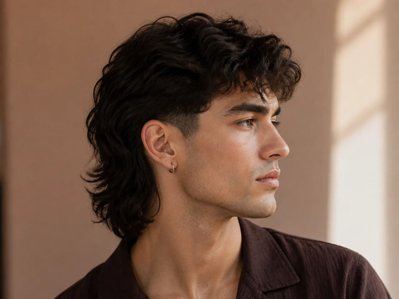 A wavy mens mullet with a softened transition