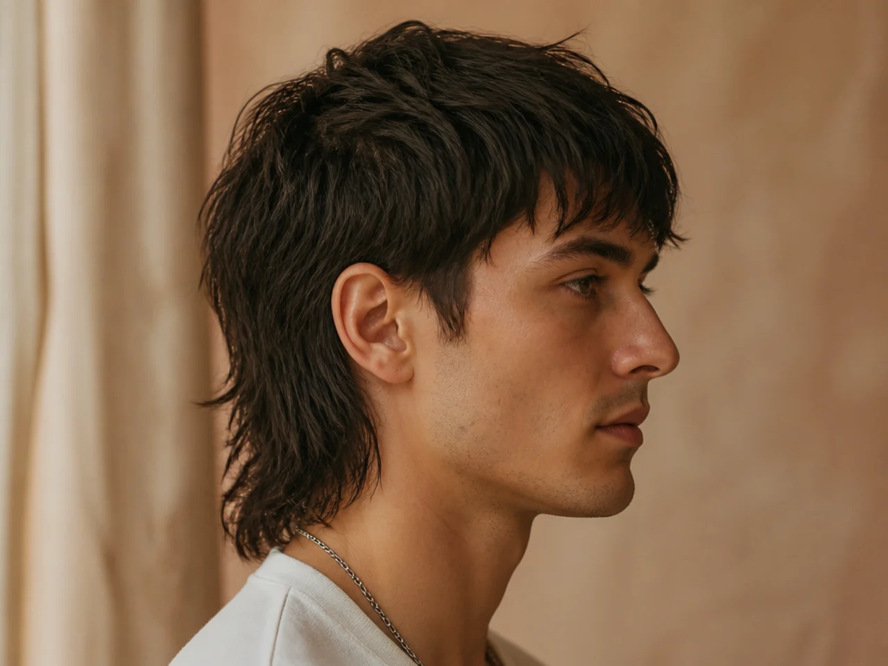 A mens mullet on straight hair with a clean perimeter