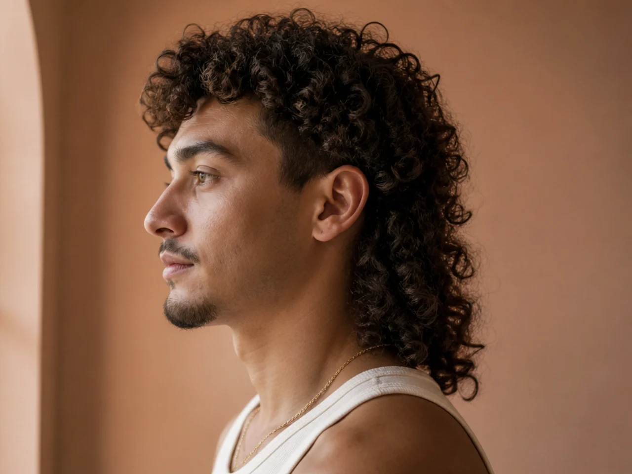 A coily mens mullet with volume through the back