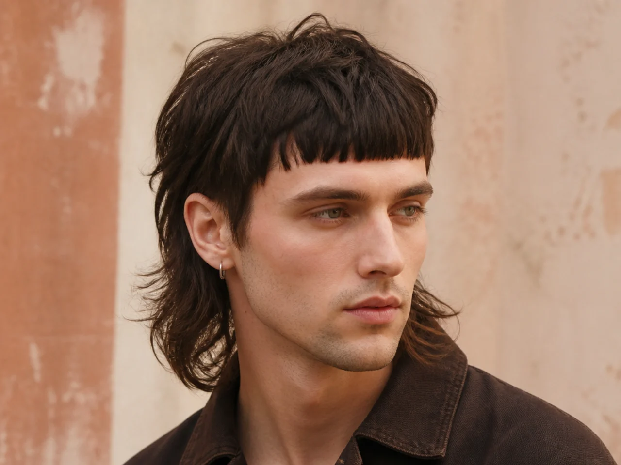 A mens mullet with a blunt fringe at the brow