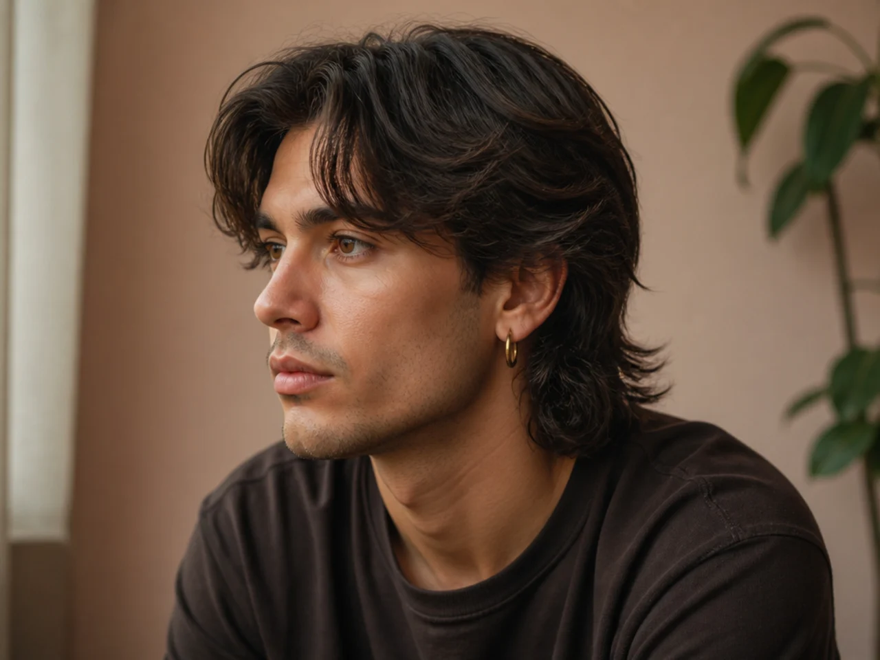 A mens mullet with a centre split curtain fringe