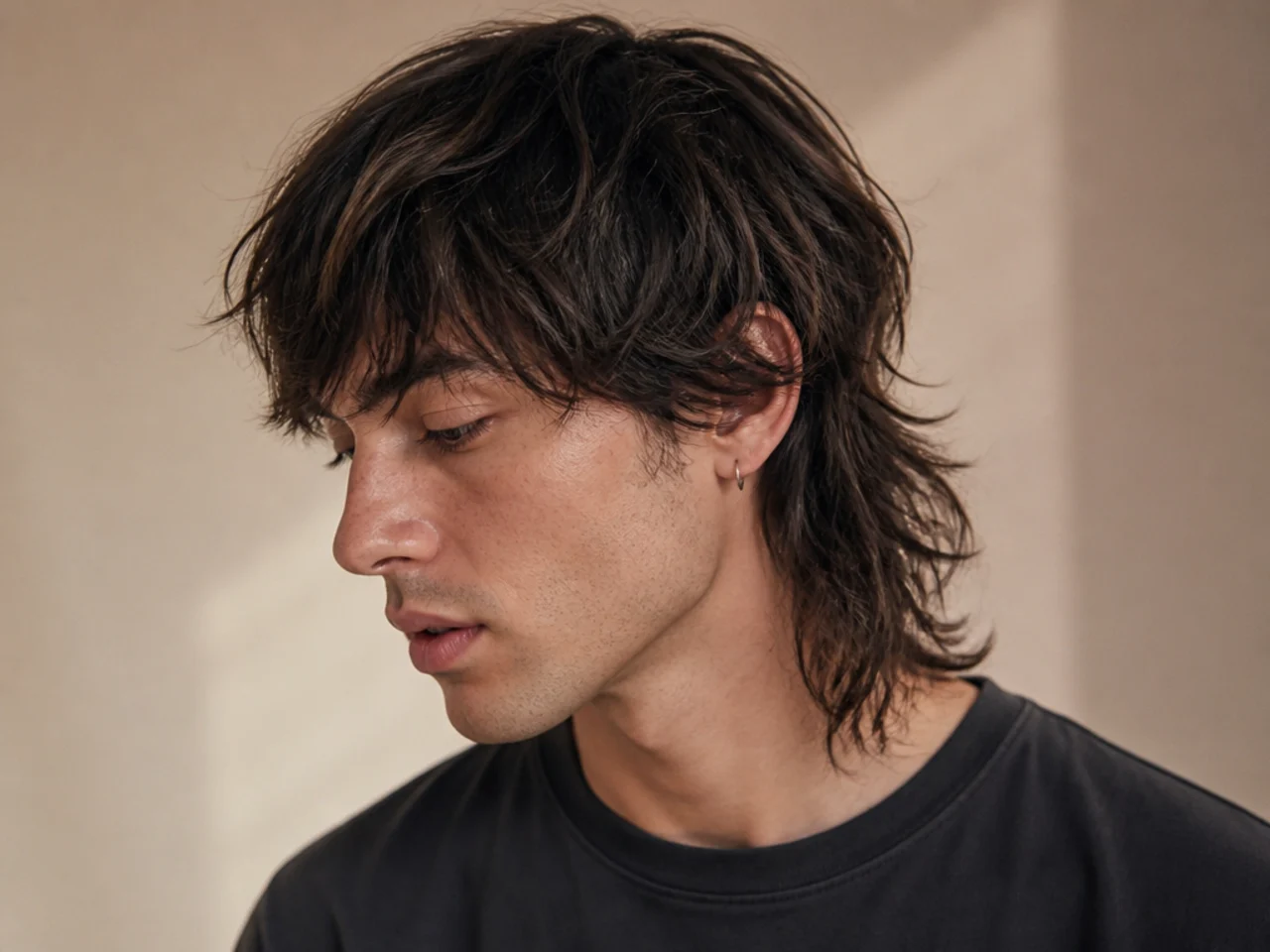 A textured mens mullet with point cut ends
