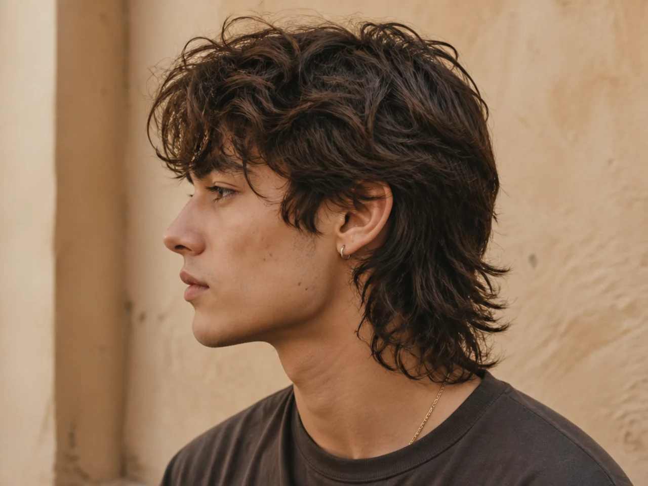 A shaggy mens mullet with layers through the crown