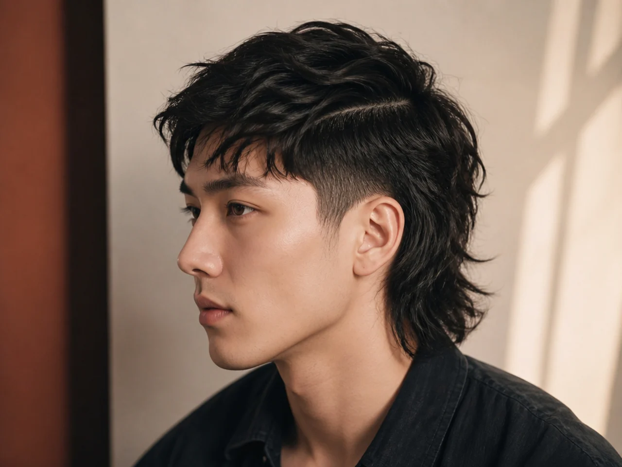 A mens mullet with a trimmer line along the parting