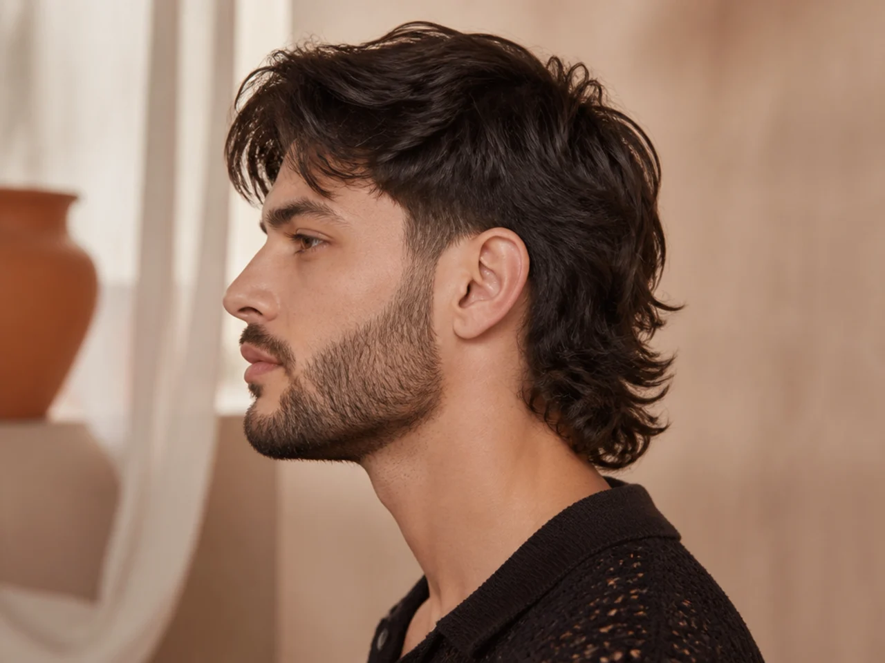 A mens mullet with the taper connected into a beard