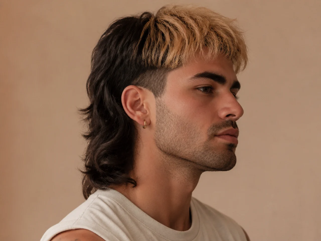 A two tone mens mullet split at the transition line