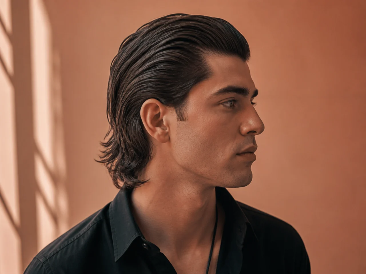 A mens mullet with the top slicked back
