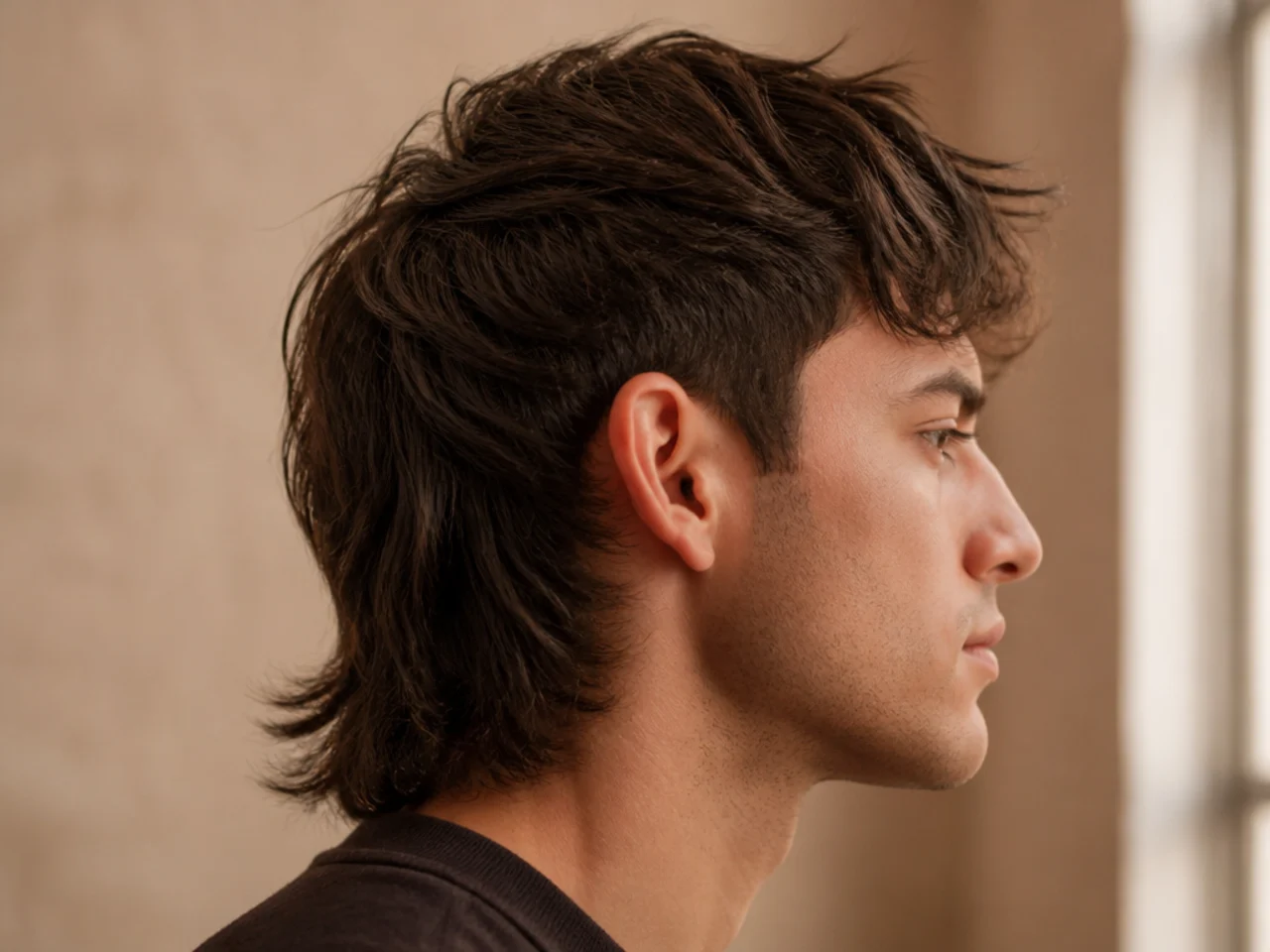 A mens mullet on thick hair with the interior thinned