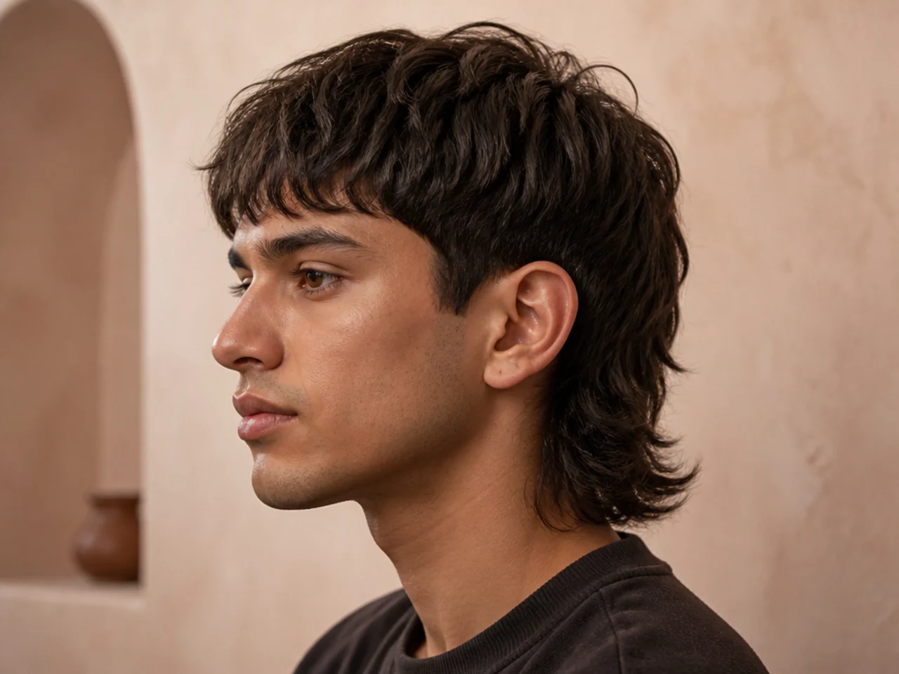A mens mullet on fine hair with a blunt perimeter