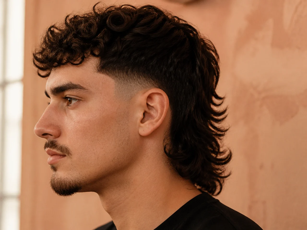 A mens mullet with a mid fade starting at the temple