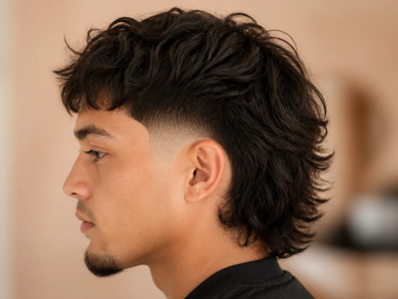 A burst fade curving around the ear on a mullet