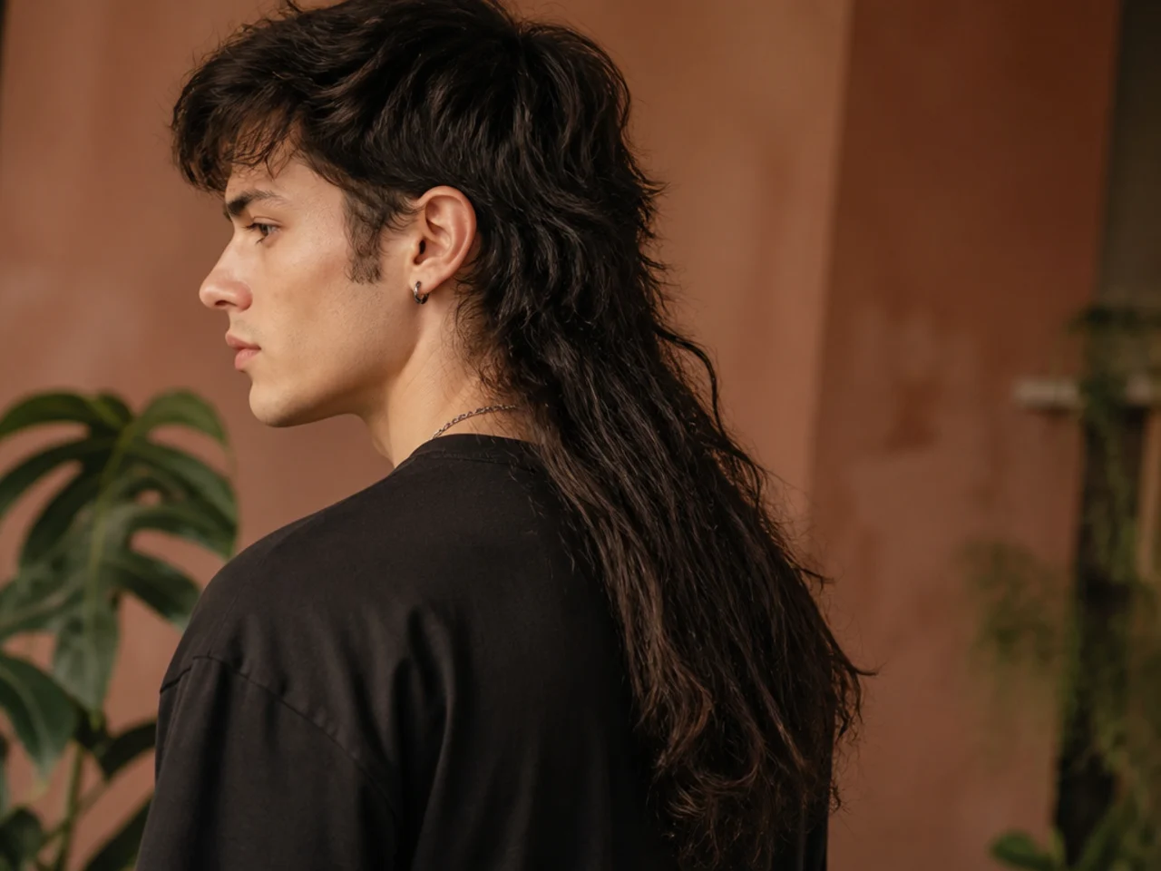 A long mens mullet with the tail past the shoulder blade