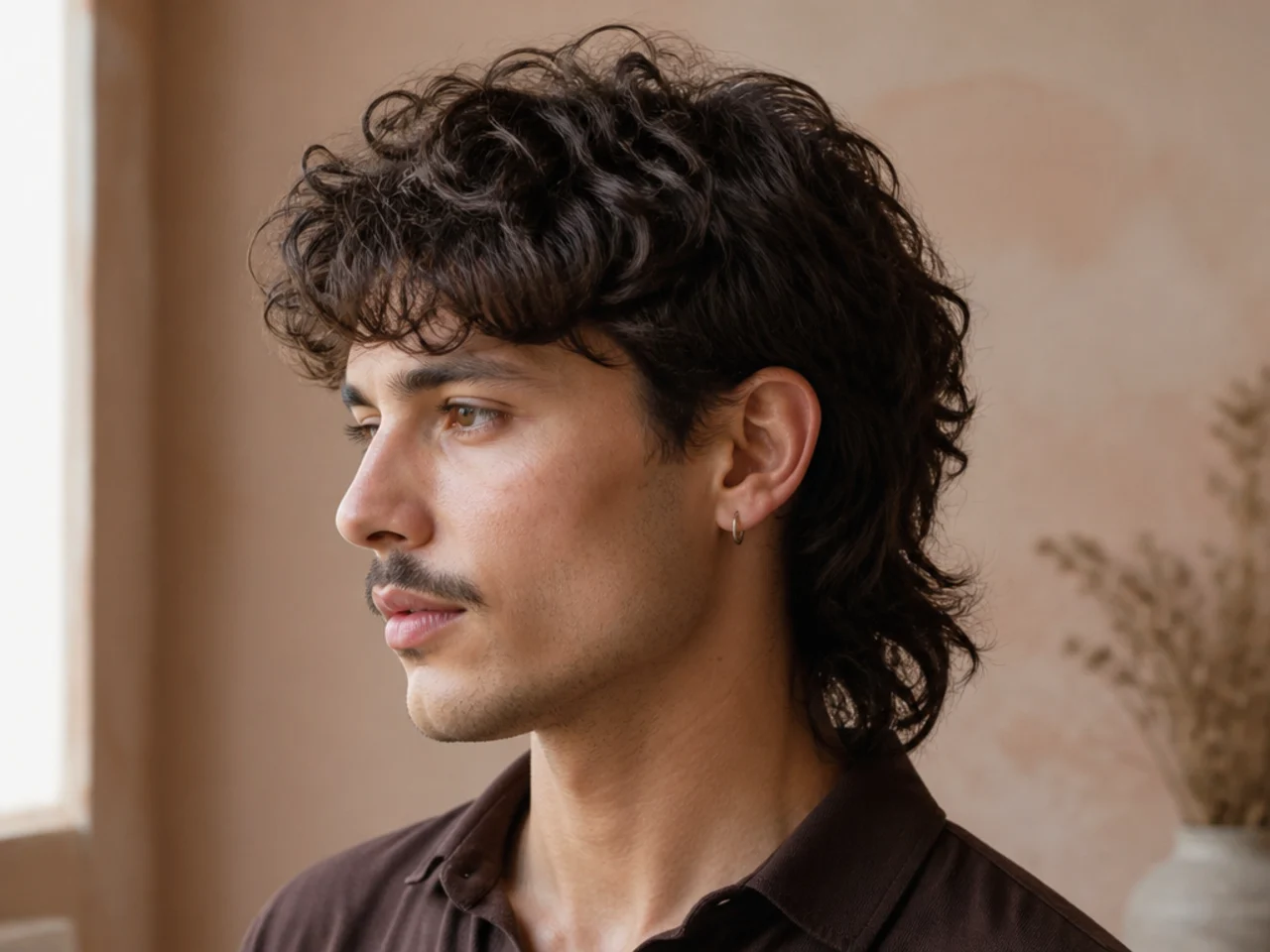 A curly mens mullet cut dry
