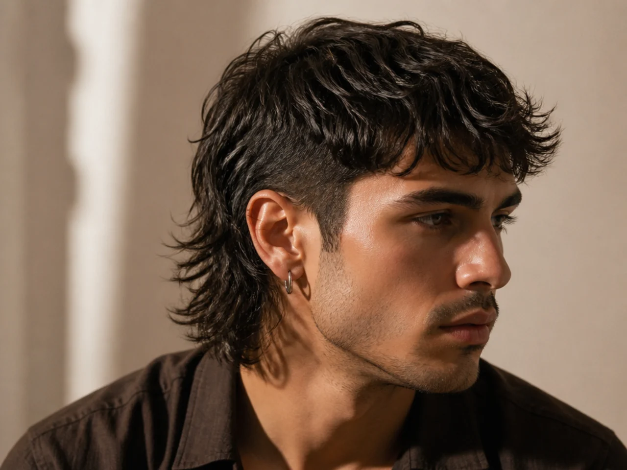 Three quarter view of a modern mens mullet