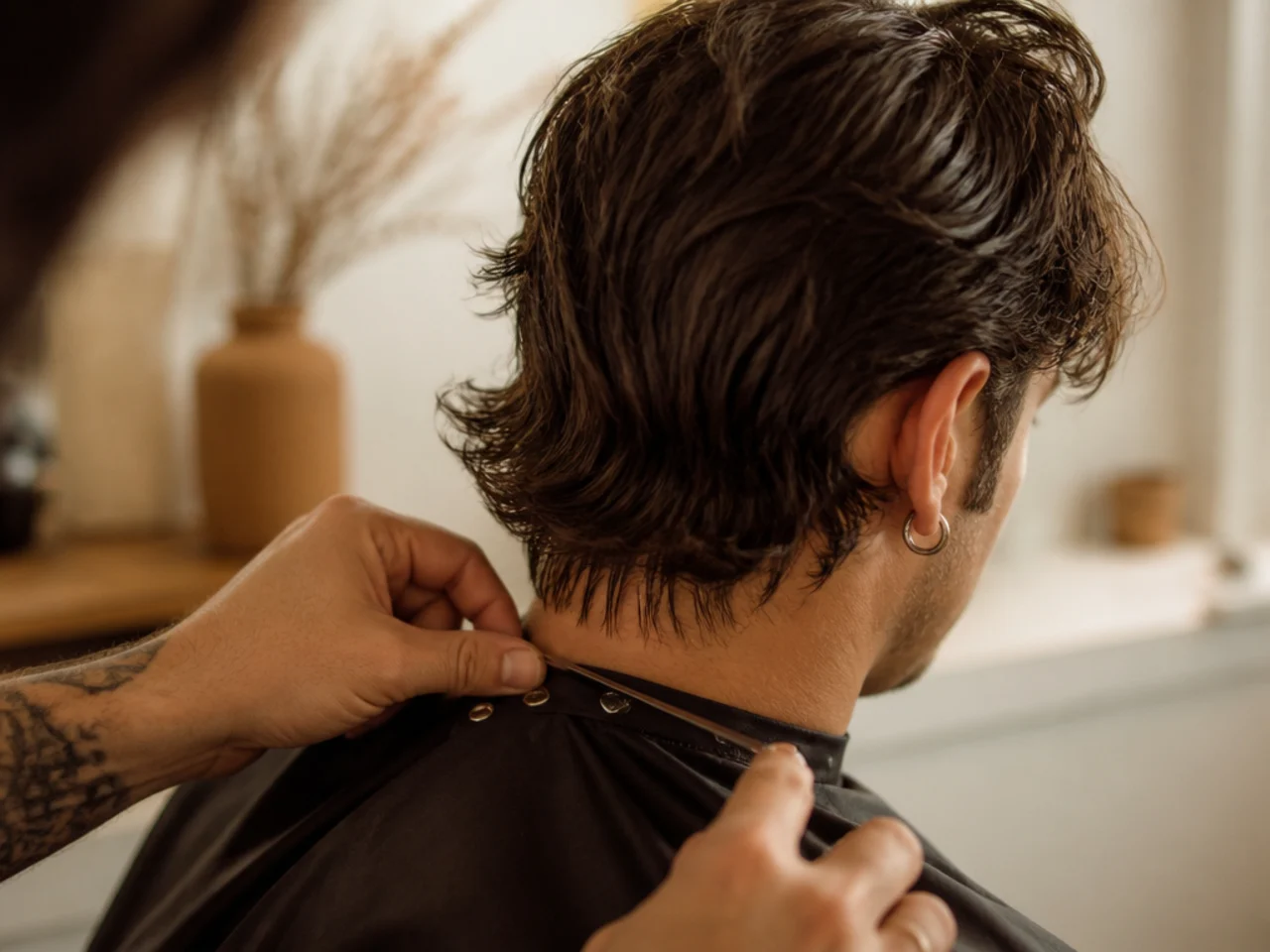 A barber measuring tail length against the collar