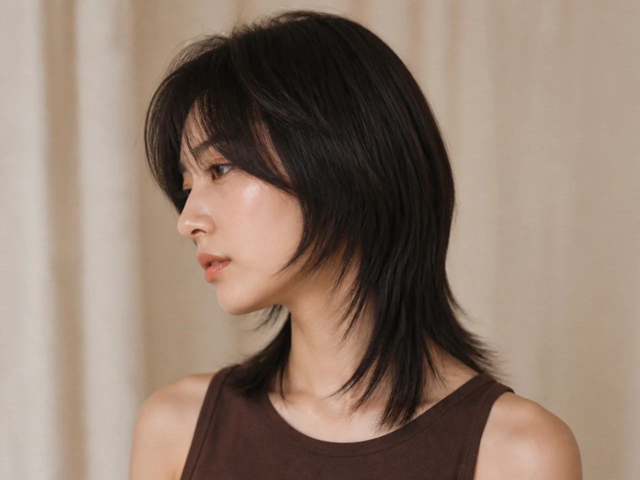 A womens mullet on straight hair with a sharp perimeter