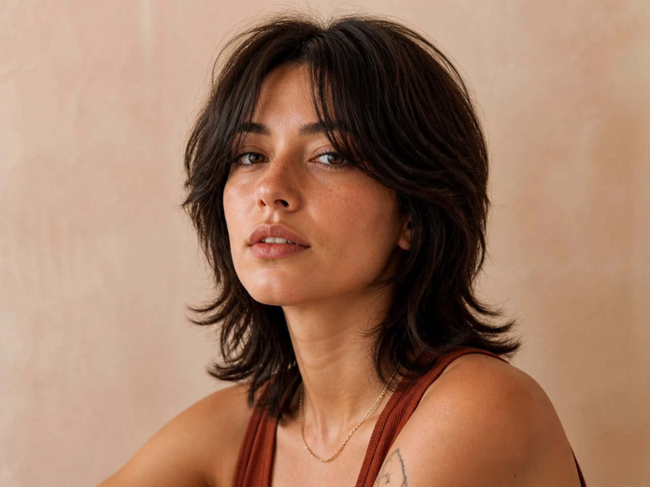 A womens mullet with centre split curtain bangs