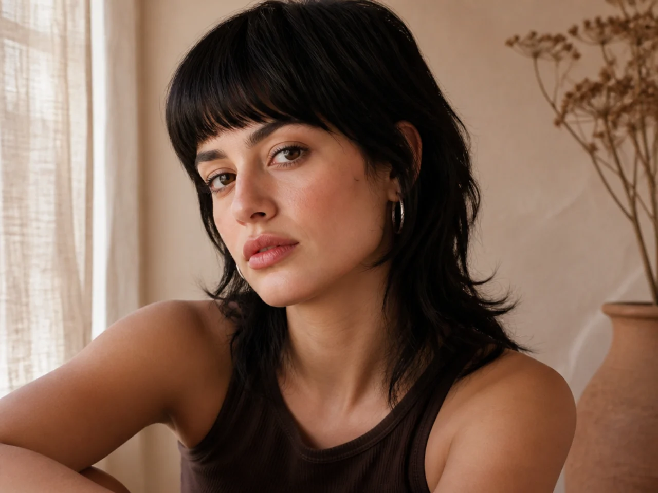 A womens mullet with a blunt fringe at the brow