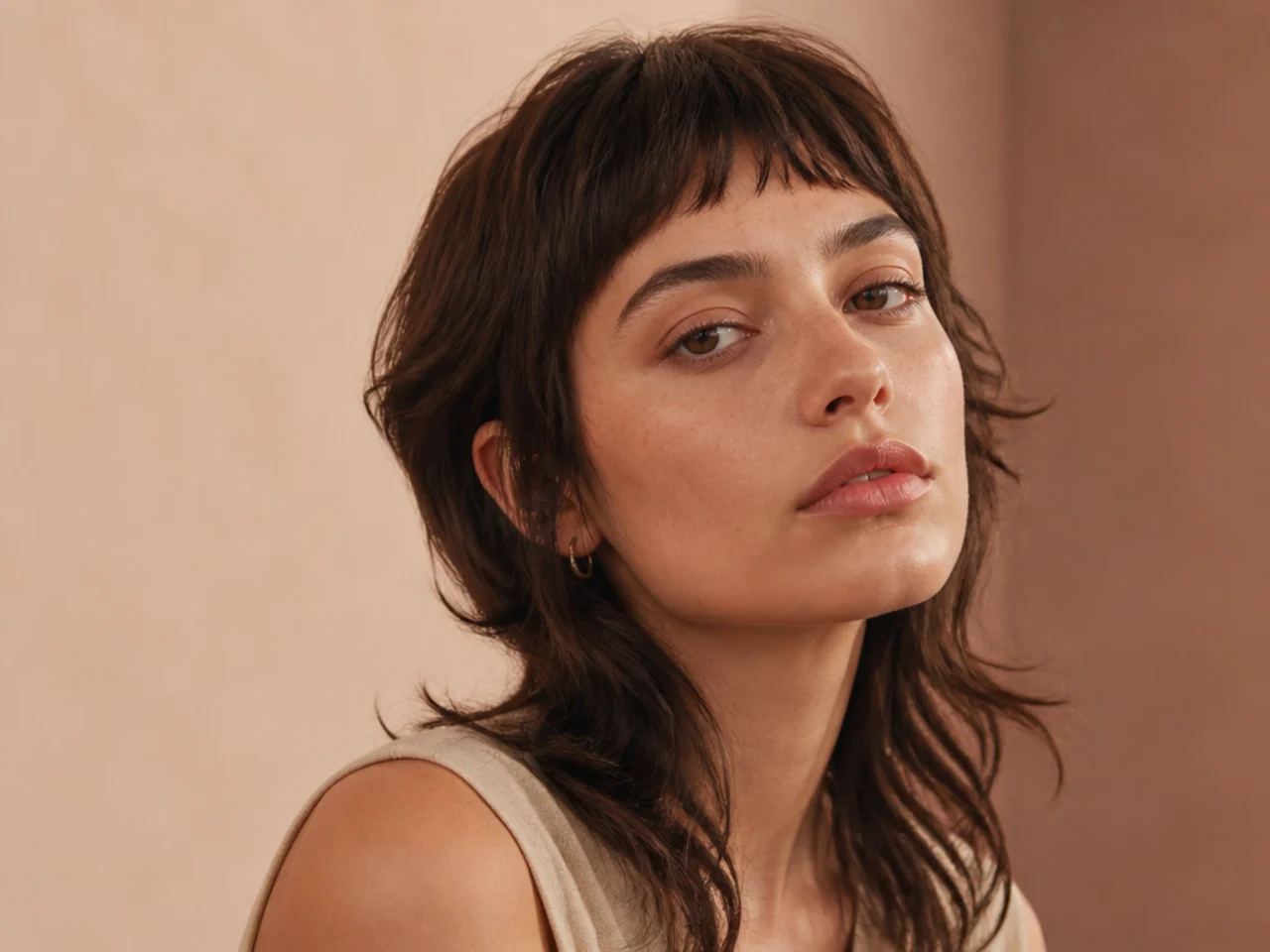 A womens mullet with a micro fringe above the brow