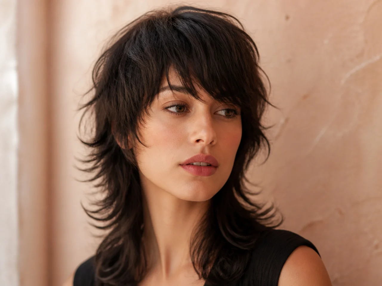 A womens mullet with a diagonal side swept fringe
