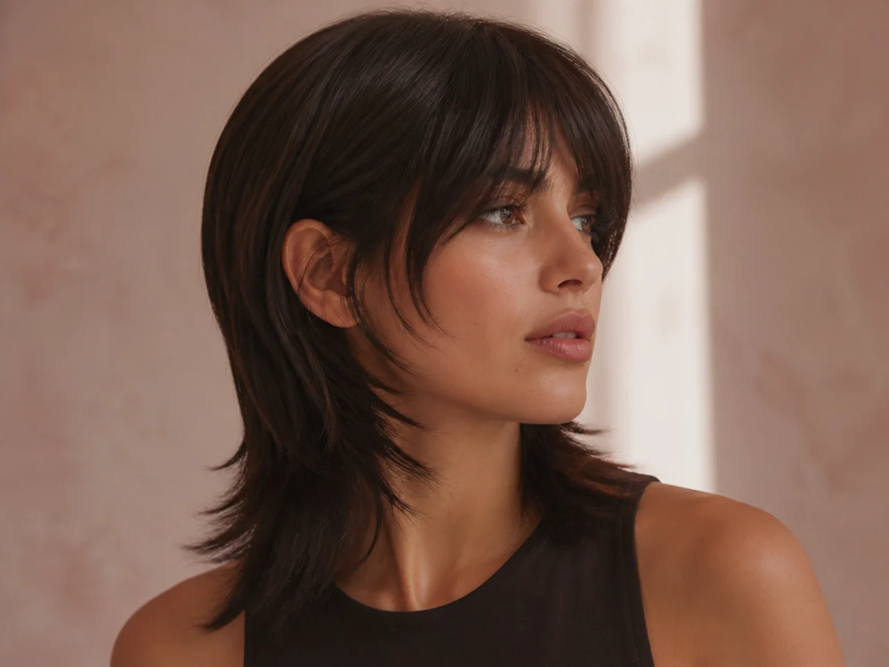 A sleek smoothed womens mullet