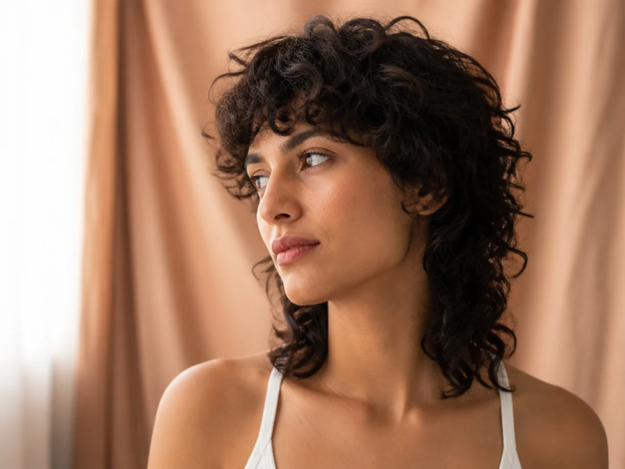 A curly womens mullet cut dry