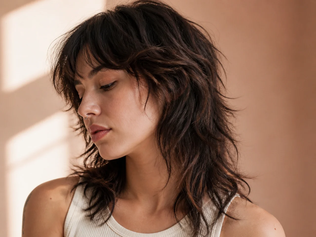 A wavy womens mullet with a softened transition