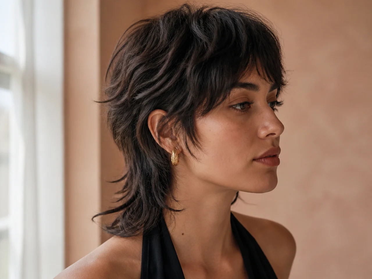 Three quarter view of a womens mullet