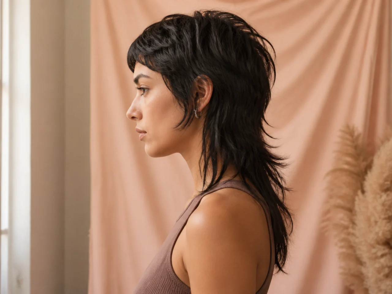 Side view of a womens mullet showing the front to back length change