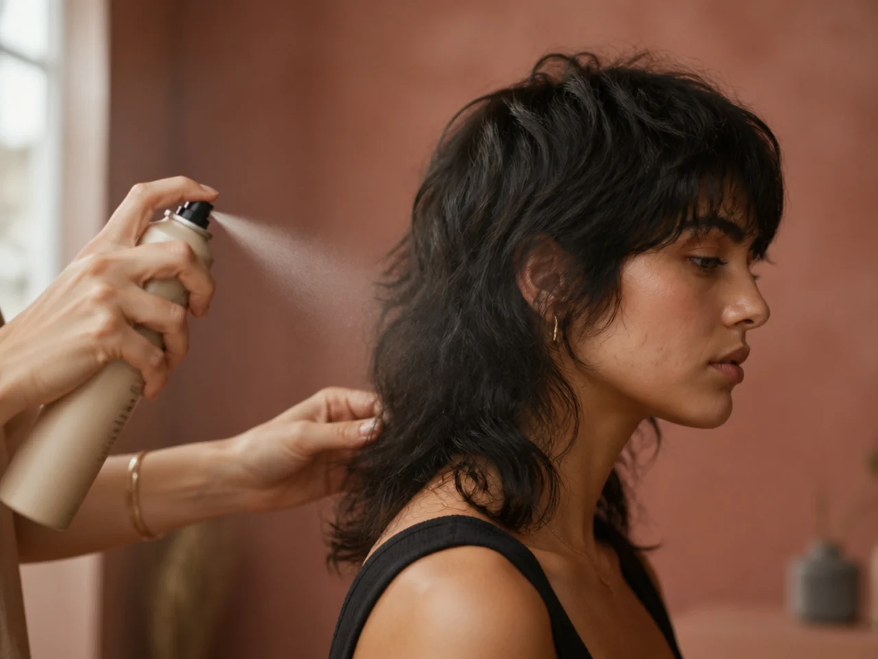 Texture spray being misted through the mid lengths of a mullet