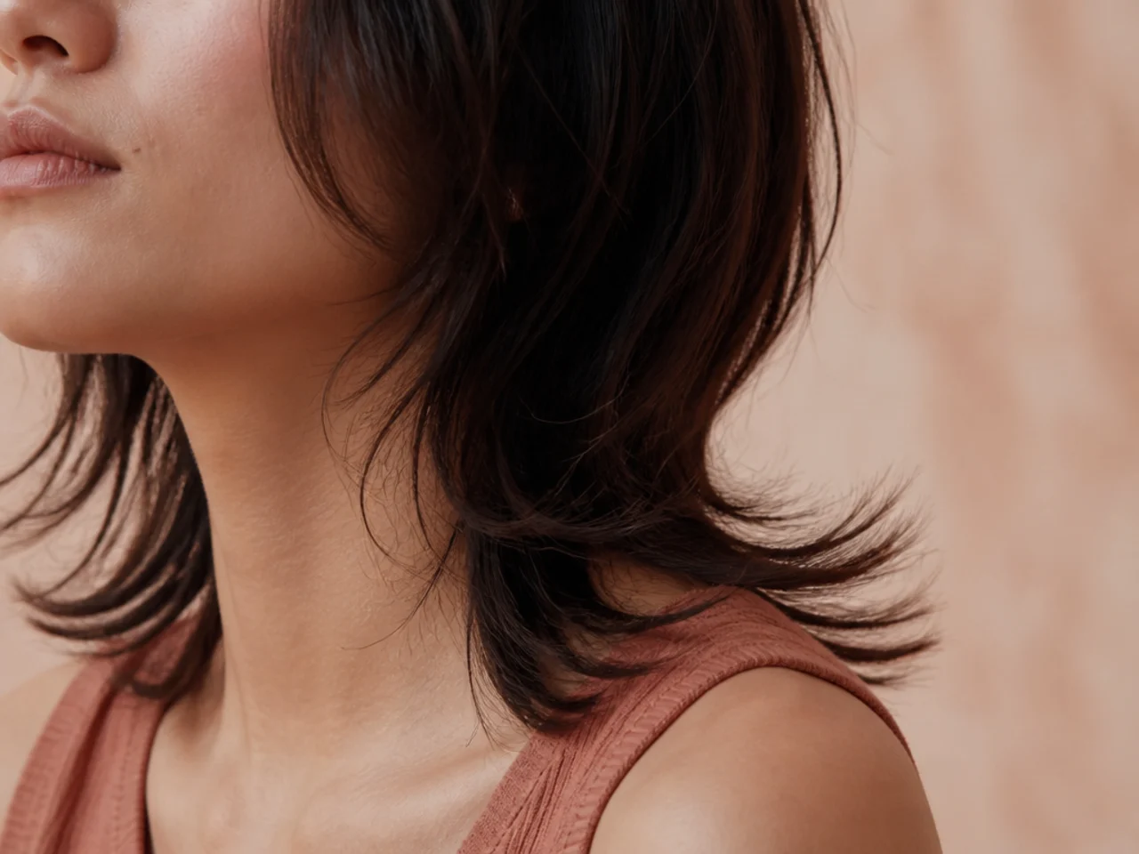 The ends of a mullet tail flicked outward away from the neck