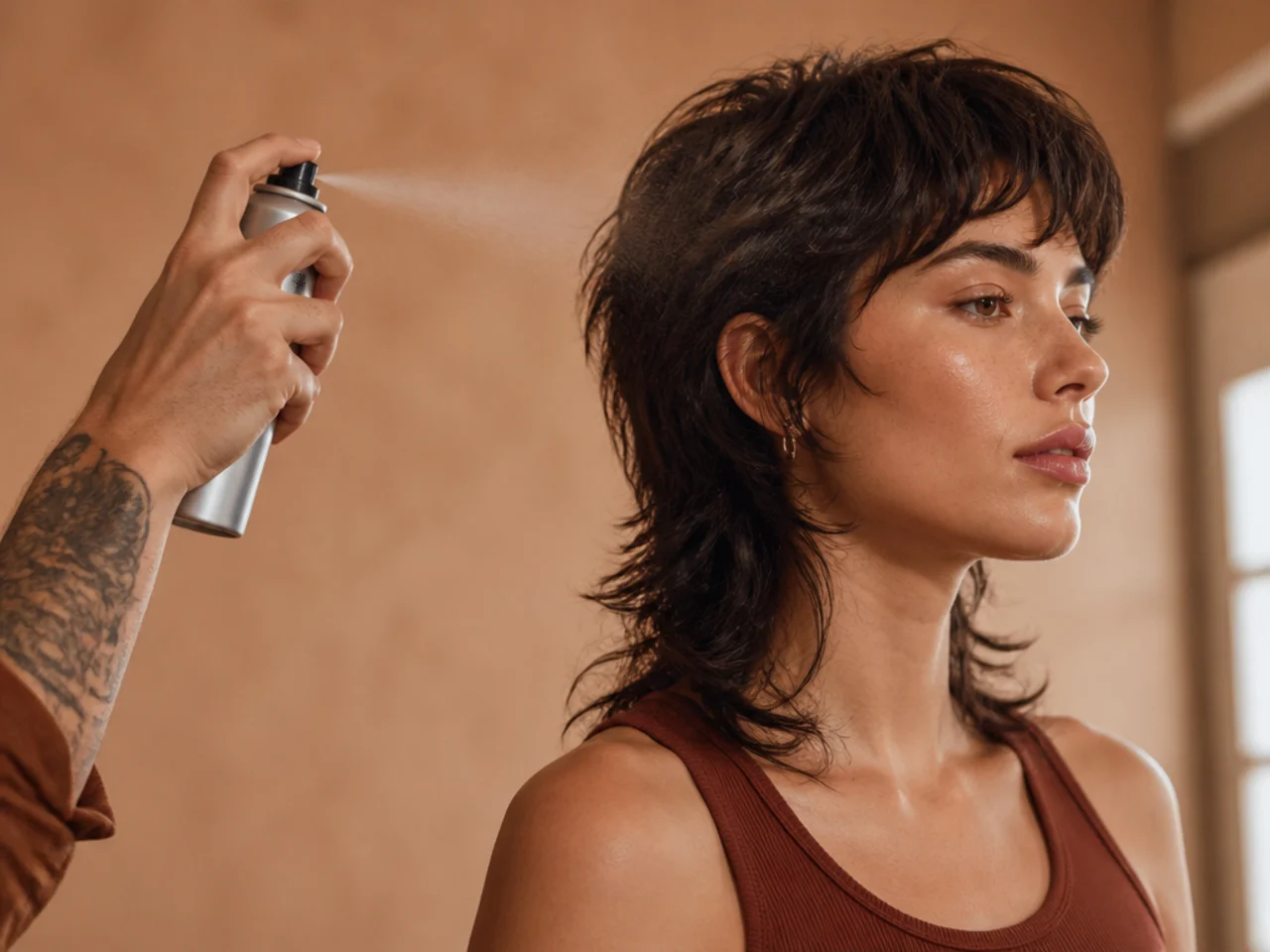 A light mist of hairspray being applied to a finished mullet