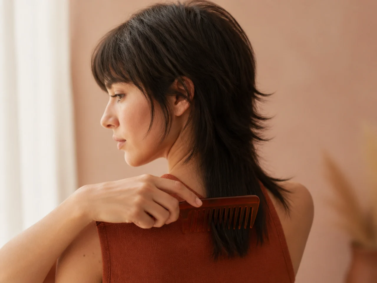 A wide tooth comb detangling the ends of a mullet tail