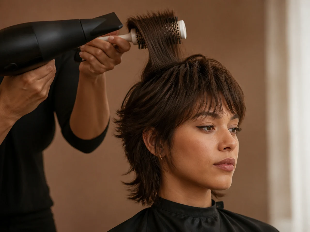 A round brush lifting the crown of a mullet while drying