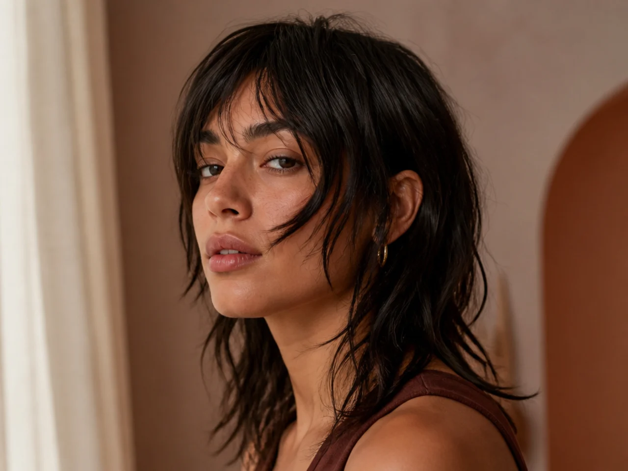Face framing pieces of a mullet dried forward over the cheekbones