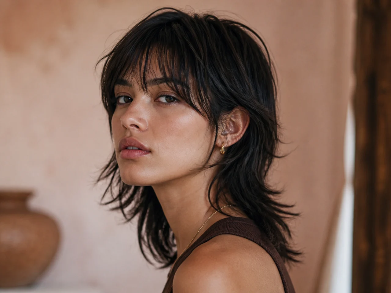Three quarter view of a finished mullet hairstyle