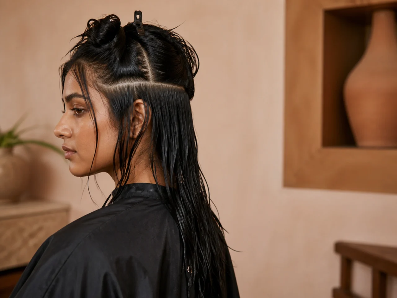 The front and back sections of a mullet clipped apart before drying