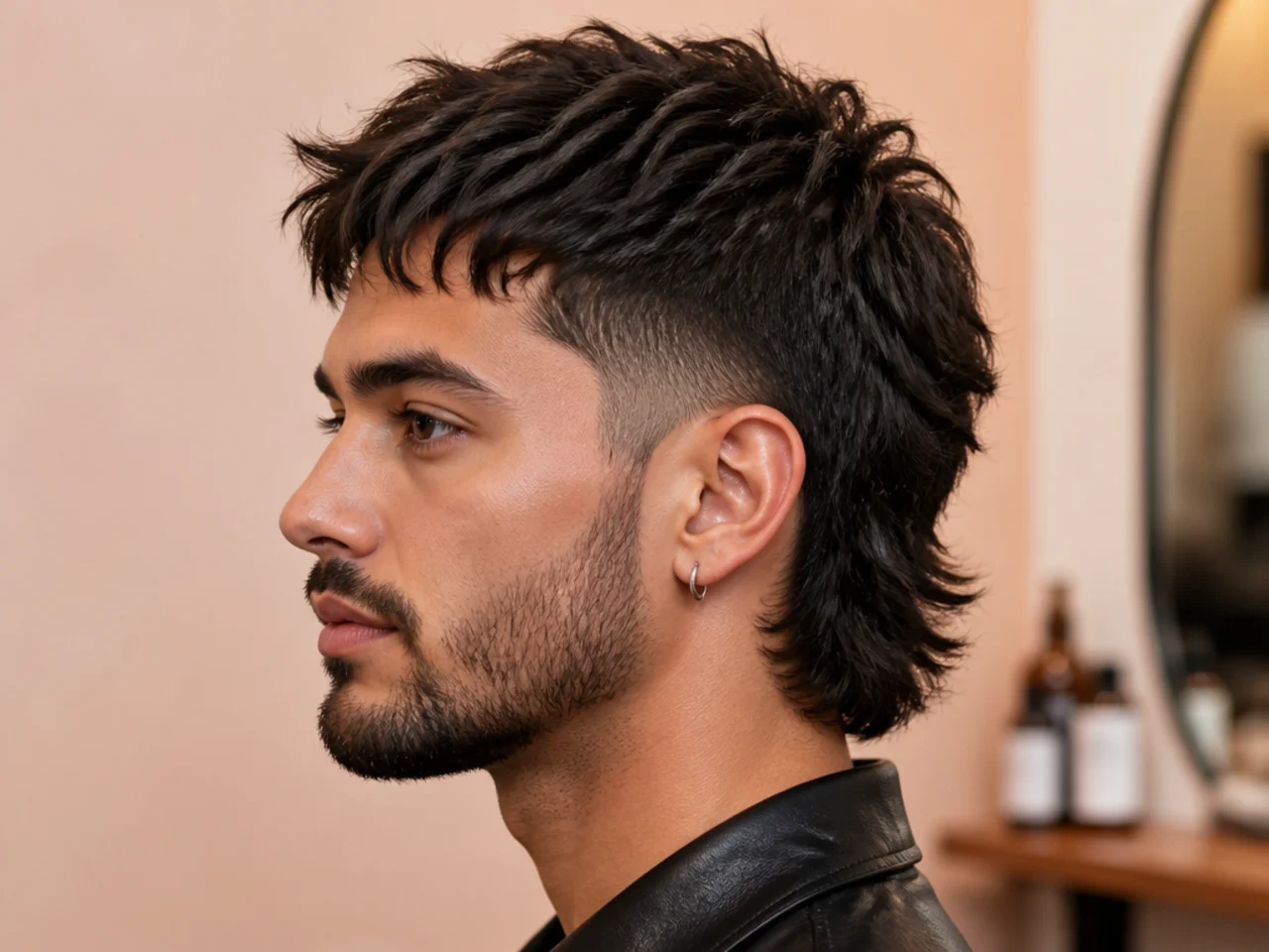Short mullet paired with matched-grade neat beard on a man in his late twenties