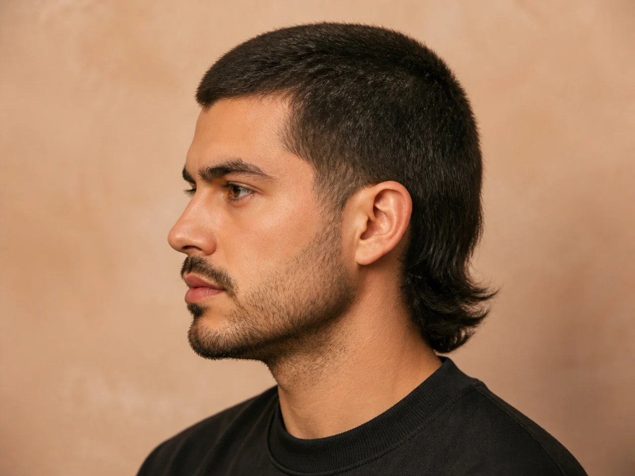 Grown-out buzz mullet with soft nape drop and cropped textured top