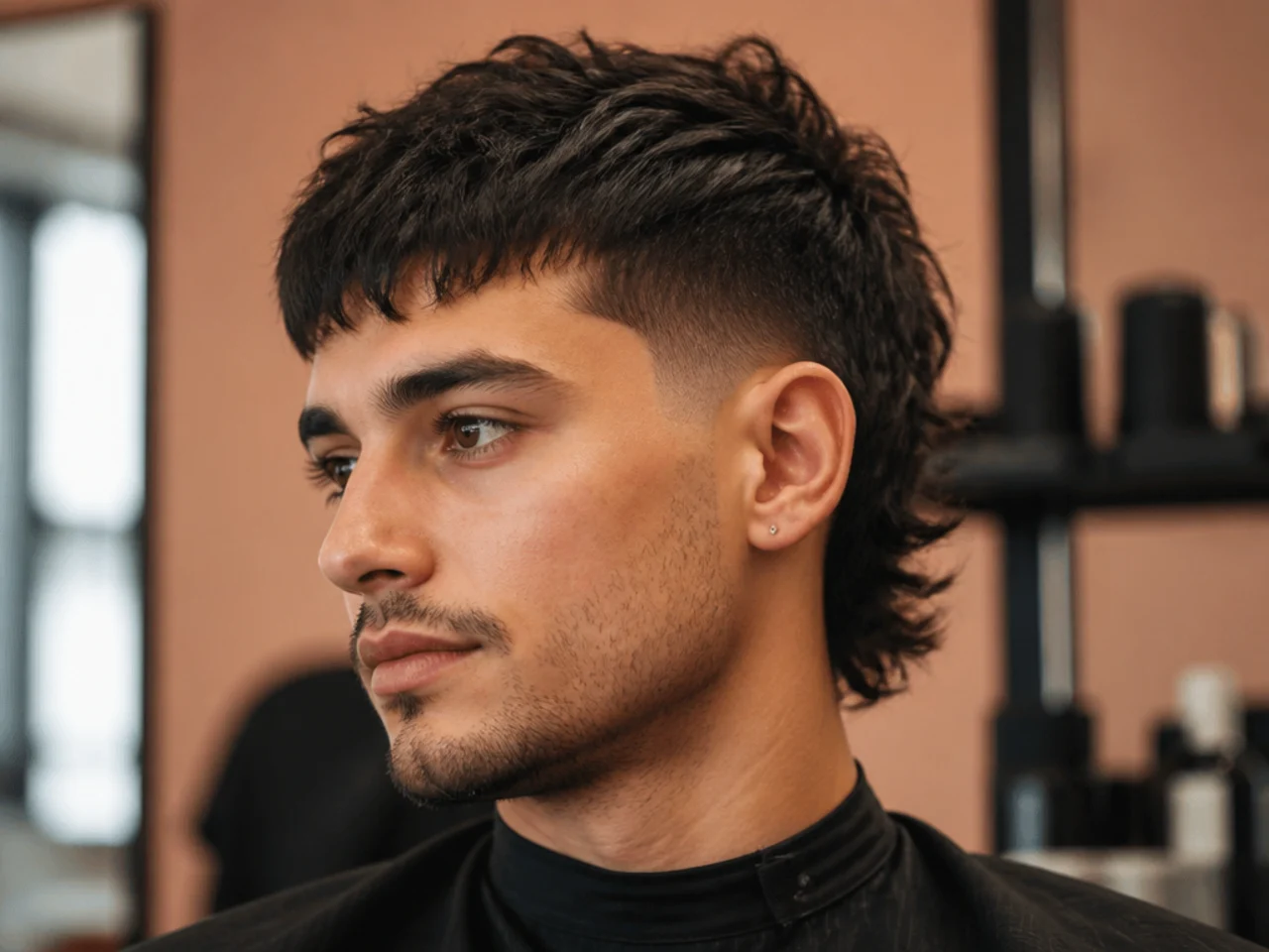 Short textured mullet with piecey point-cut layers and defined nape