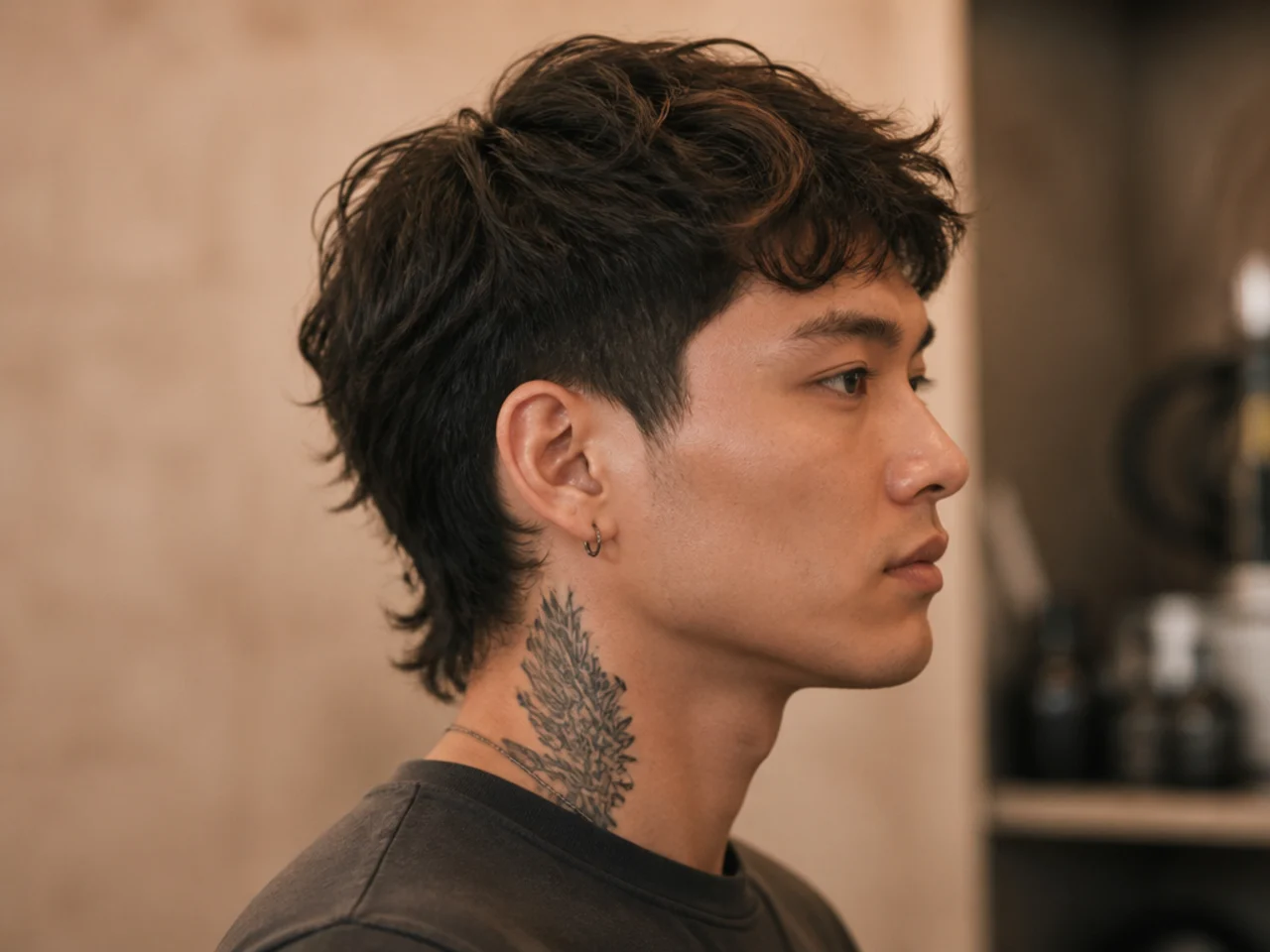 Short wavy mullet with natural wave movement through the top and soft nape