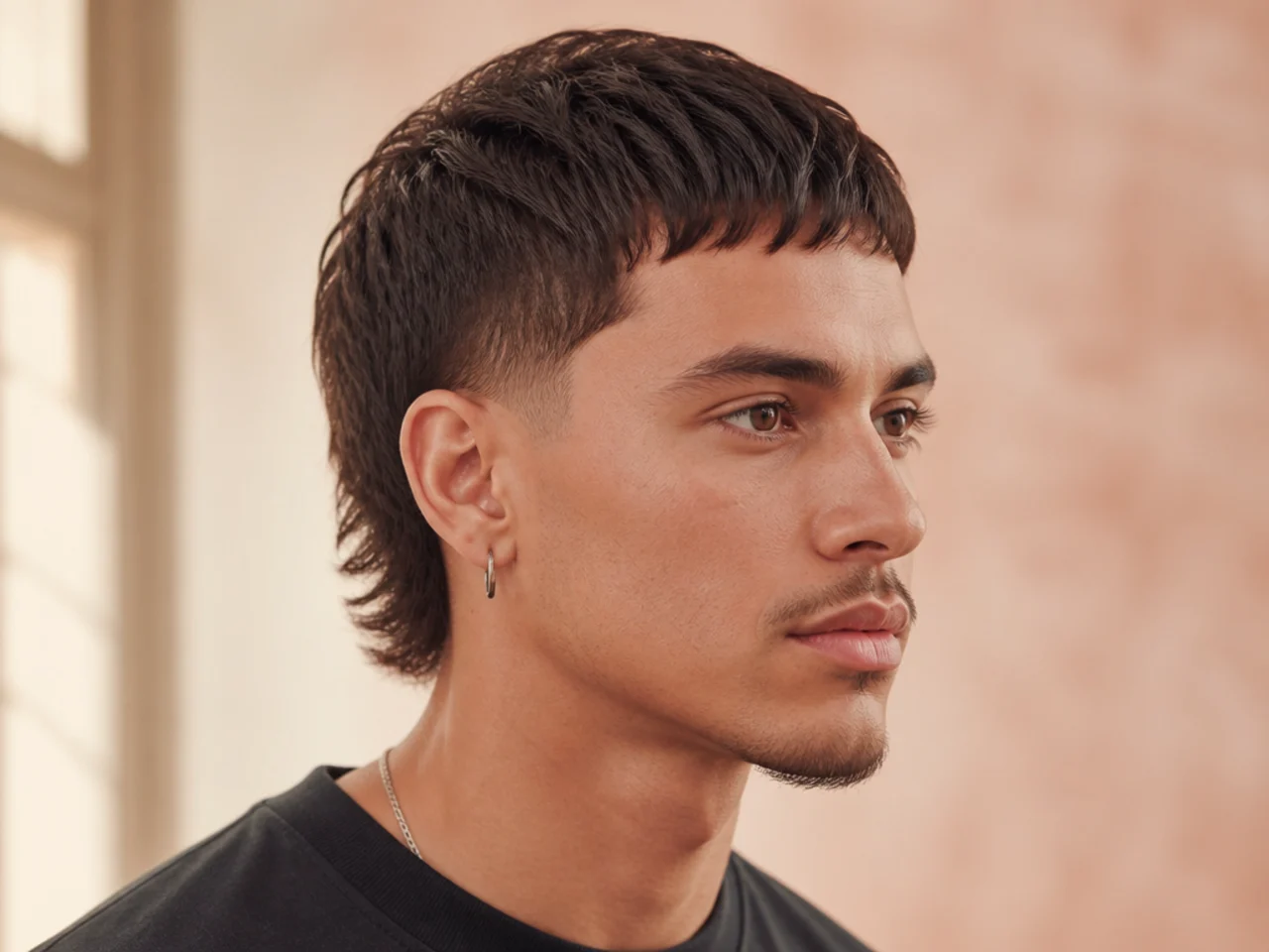 Short mullet with micro fringe falling to the mid-forehead