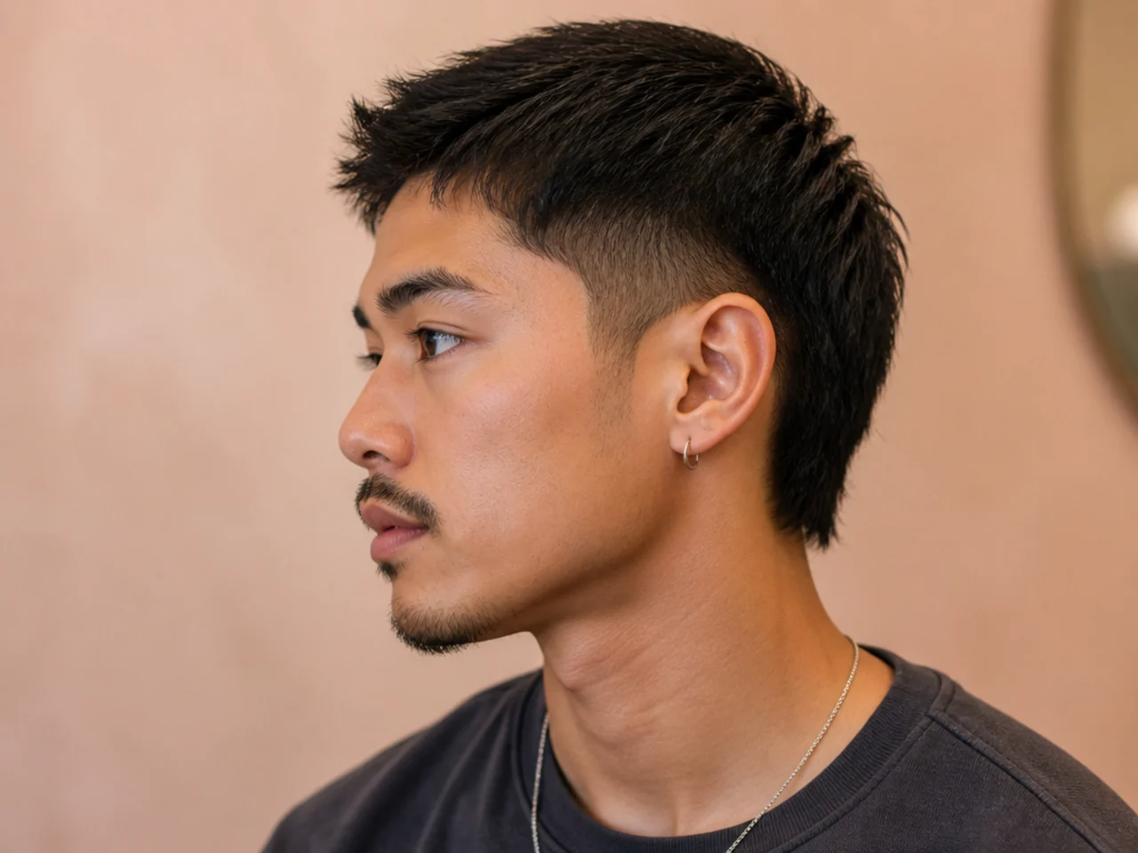 Short Ivy League mullet with side part and neat feathered nape