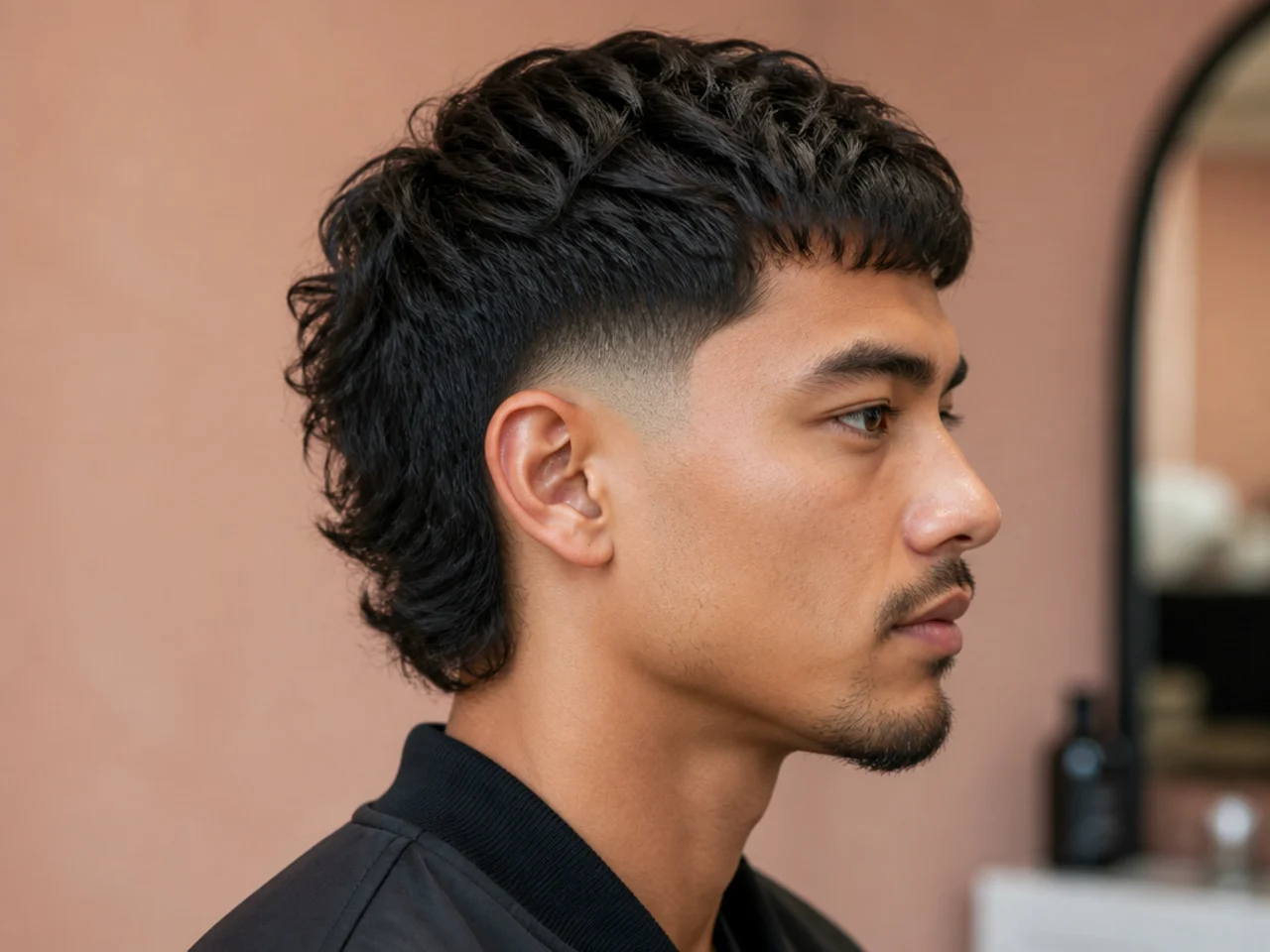 Short mullet with low fade at the sideburn and layered top