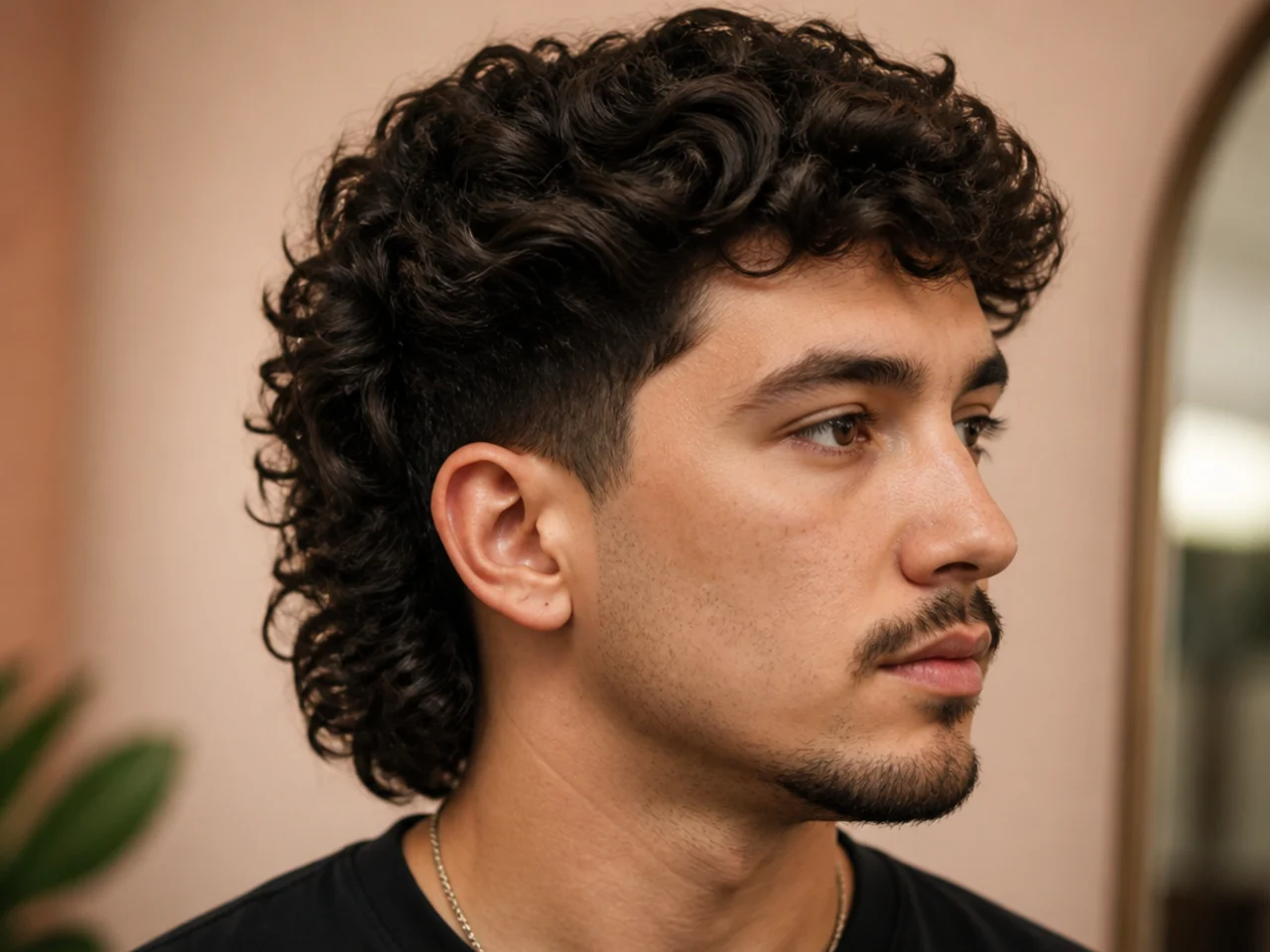 Short curly mullet on a man with type 3 curls and tapered sides