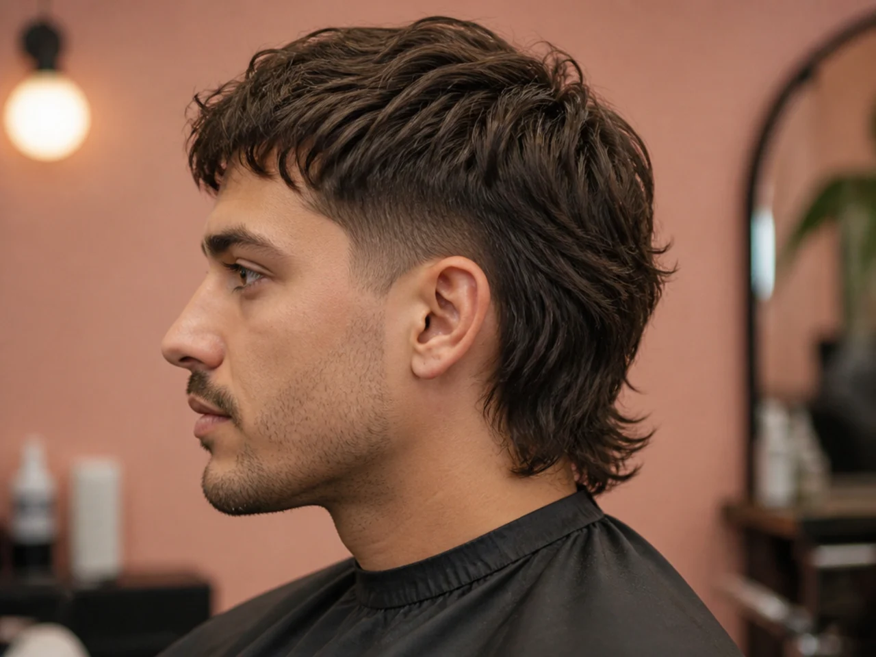 Barber and client discussing short-hair mullet reference photos in a modern barbershop