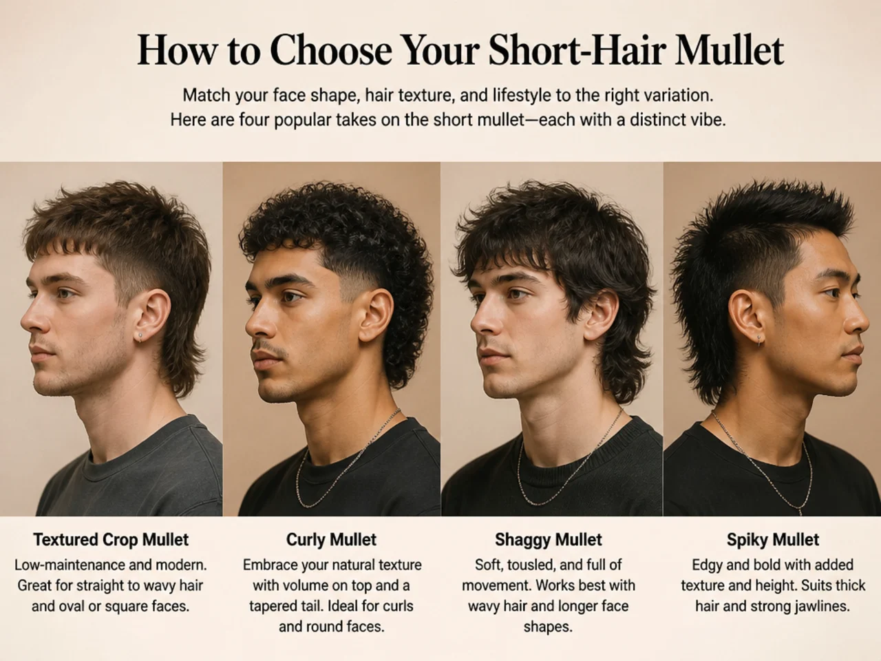 Triptych of three short-hair mullet variations on men with different face shapes