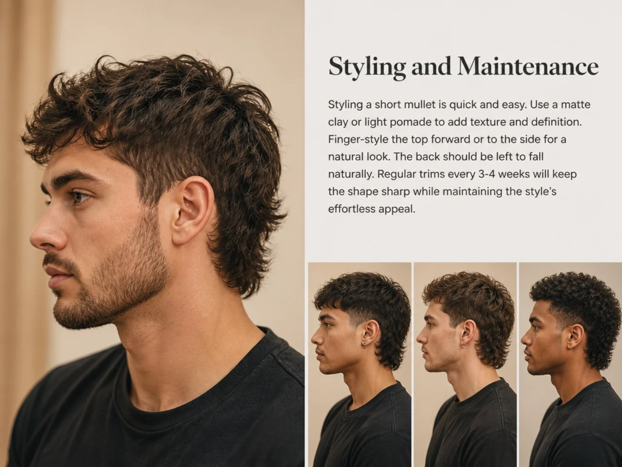 Styling products for a short-hair mullet — matte clay, sea-salt spray, blow dryer
